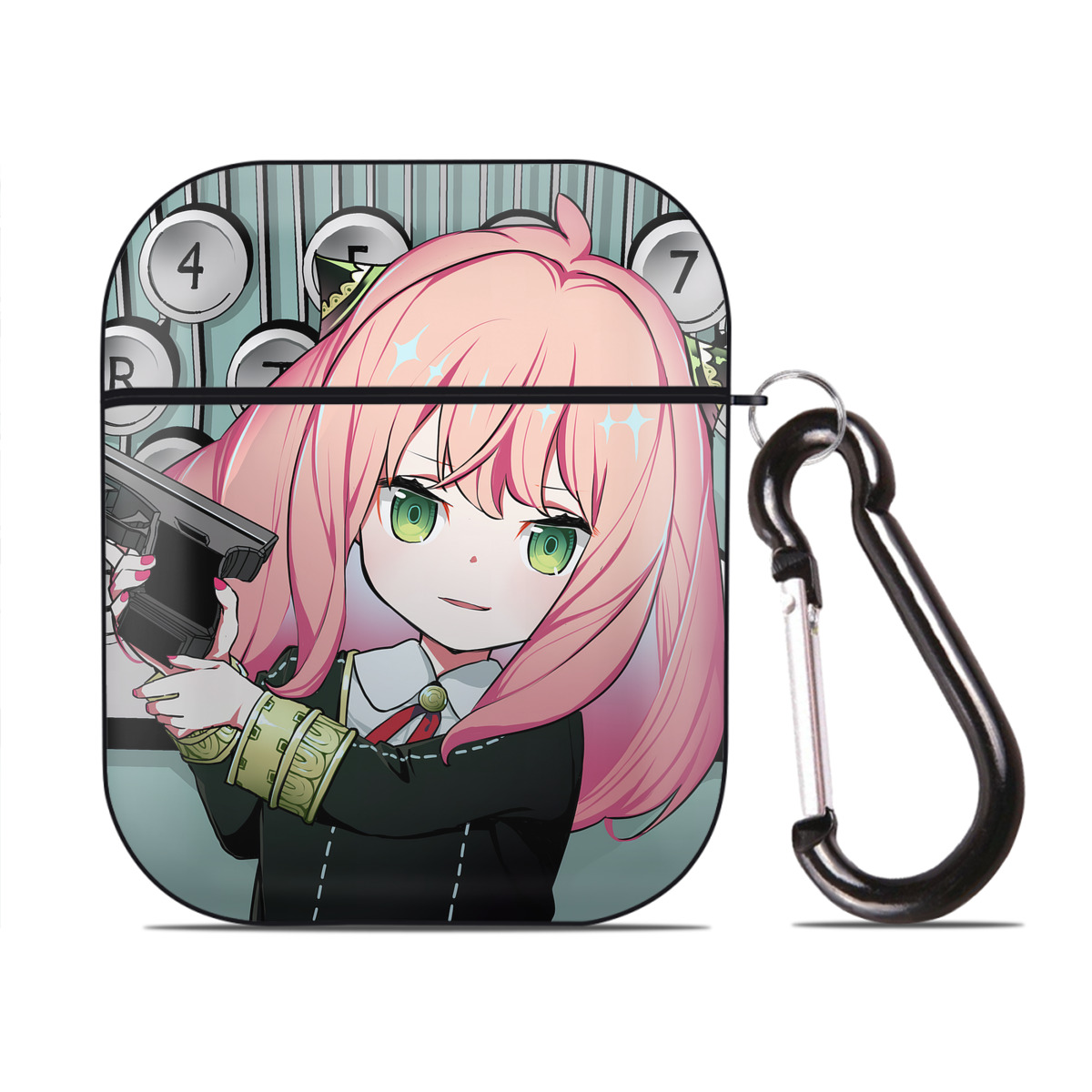 （画像用） SPY×FAMILY间谍家家酒 AirPods 第2世代保護ケース ハードシェル ブラック 耐衝撃・防指紋・カラビナ付き
