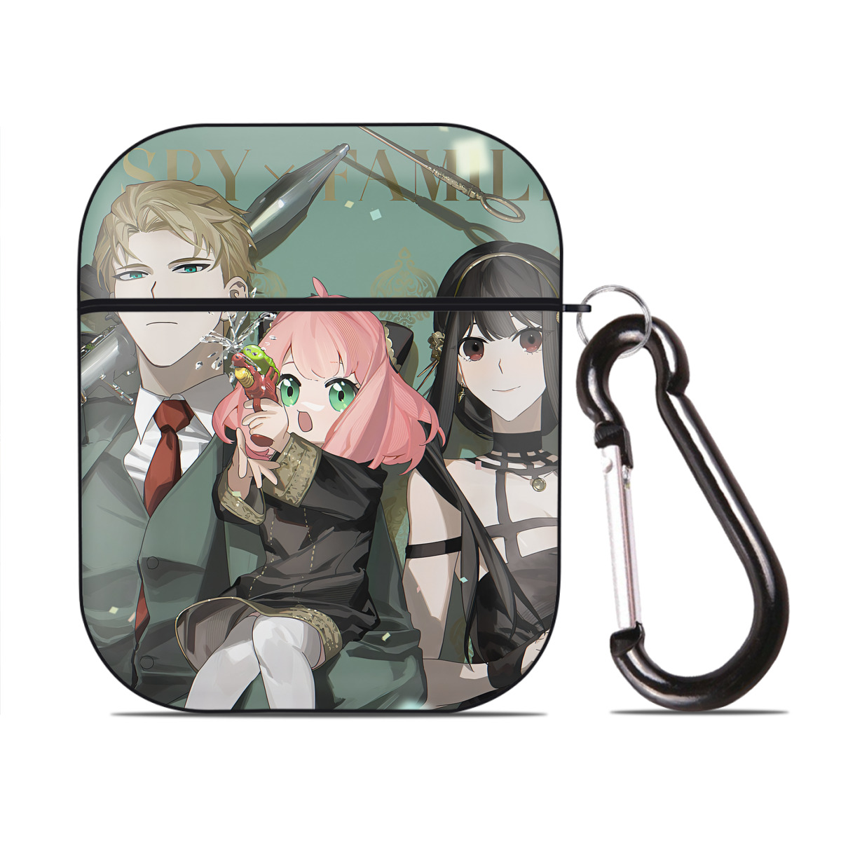 （画像用） SPY×FAMILY间谍家家酒 AirPods 第2世代保護ケース ハードシェル ブラック 耐衝撃・防指紋・カラビナ付き