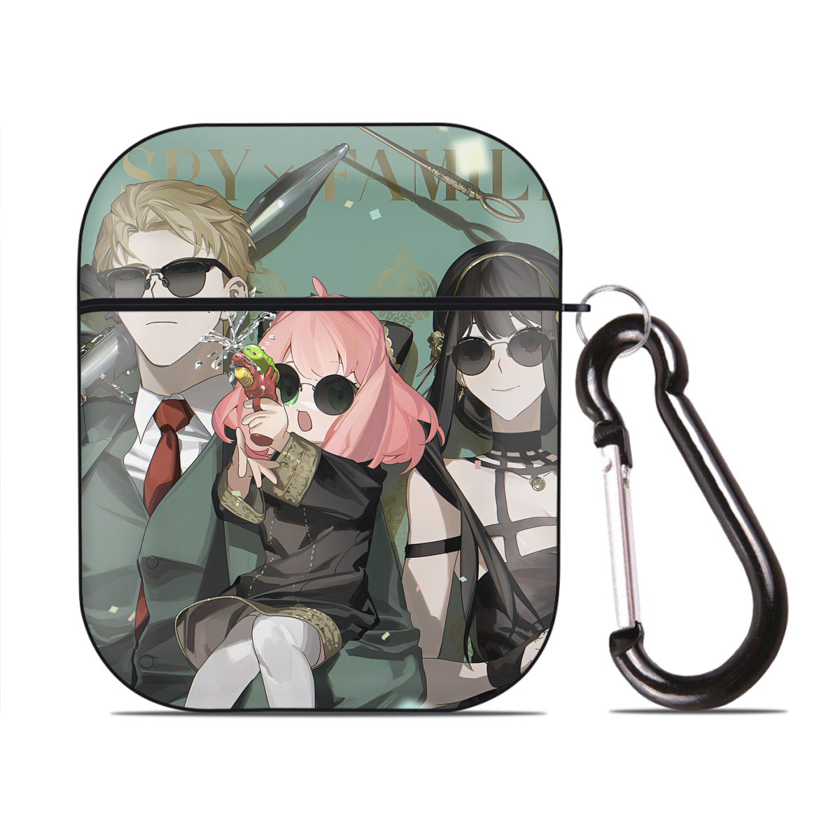 （画像用） SPY×FAMILY间谍家家酒 AirPods 第2世代保護ケース ハードシェル ブラック 耐衝撃・防指紋・カラビナ付き