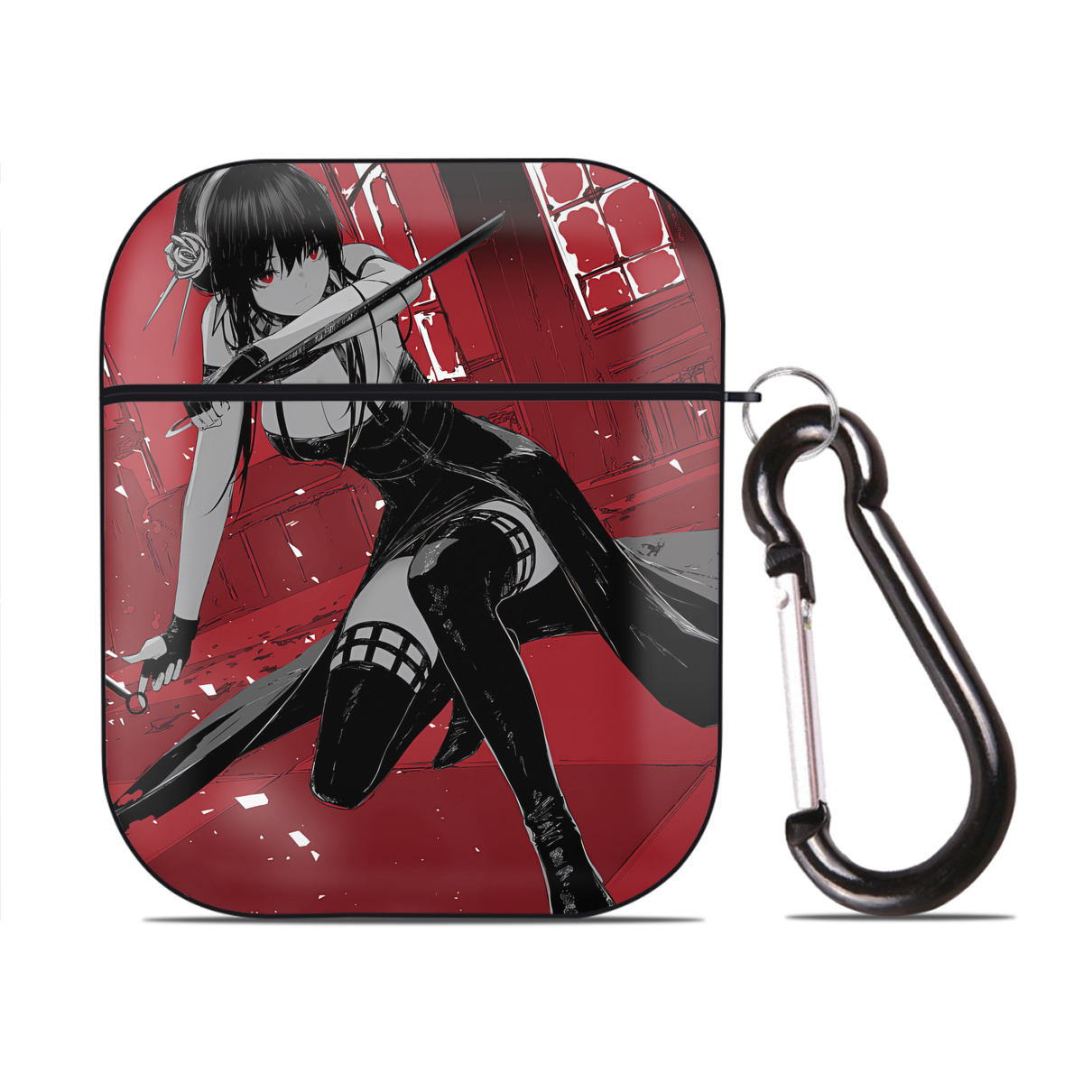 （画像用） SPY×FAMILY间谍家家酒 AirPods 第2世代保護ケース ハードシェル ブラック 耐衝撃・防指紋・カラビナ付き