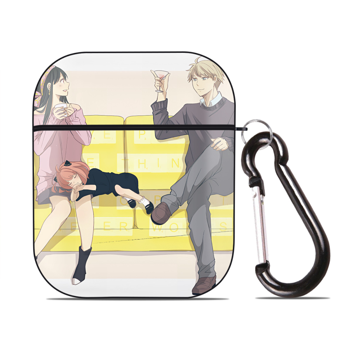 （画像用） SPY×FAMILY间谍家家酒 AirPods 第2世代保護ケース ハードシェル ブラック 耐衝撃・防指紋・カラビナ付き