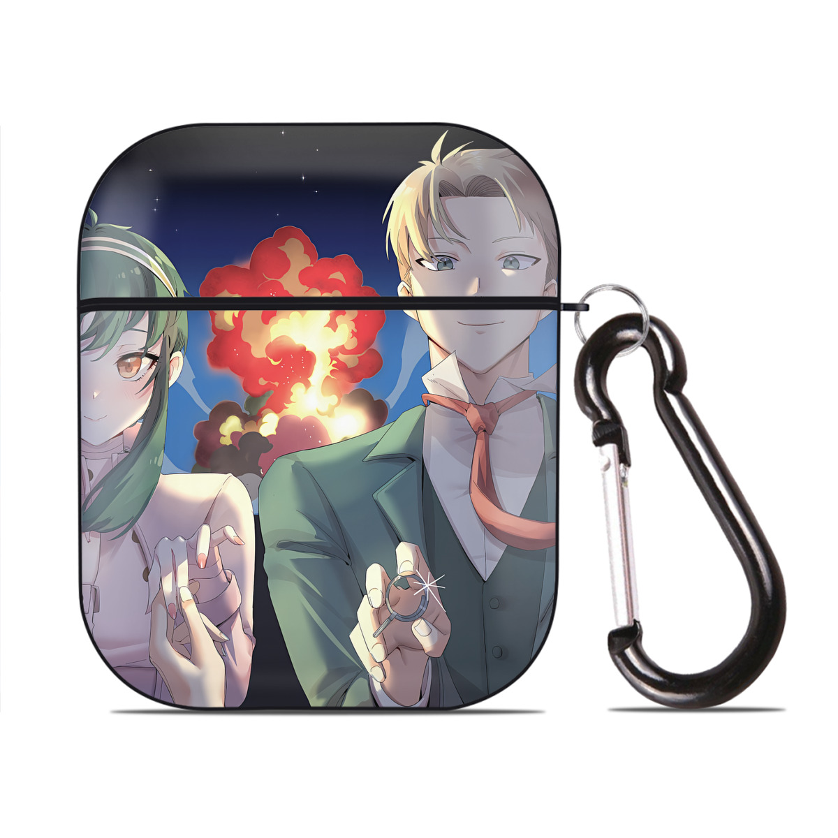 （画像用） SPY×FAMILY间谍家家酒 AirPods 第2世代保護ケース ハードシェル ブラック 耐衝撃・防指紋・カラビナ付き