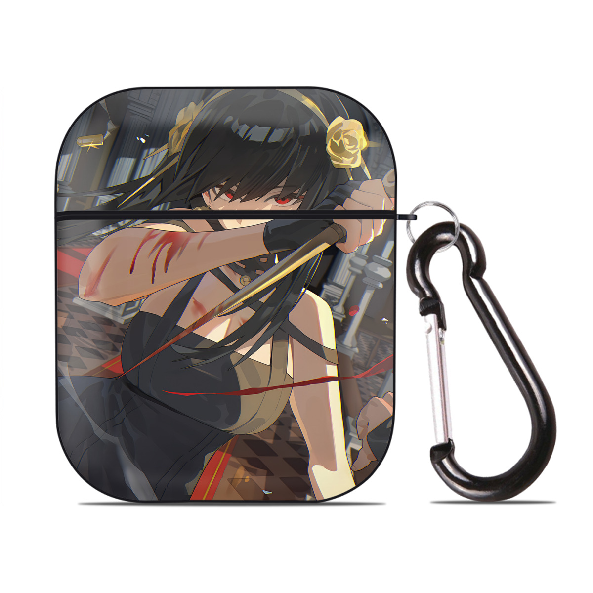 （画像用） SPY×FAMILY间谍家家酒 AirPods 第2世代保護ケース ハードシェル ブラック 耐衝撃・防指紋・カラビナ付き