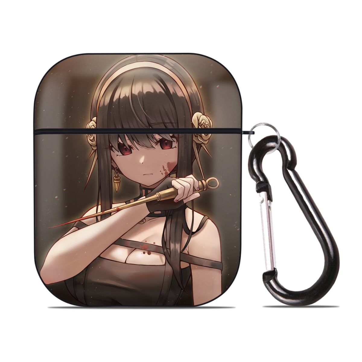 （画像用） SPY×FAMILY间谍家家酒 AirPods 第2世代保護ケース ハードシェル ブラック 耐衝撃・防指紋・カラビナ付き