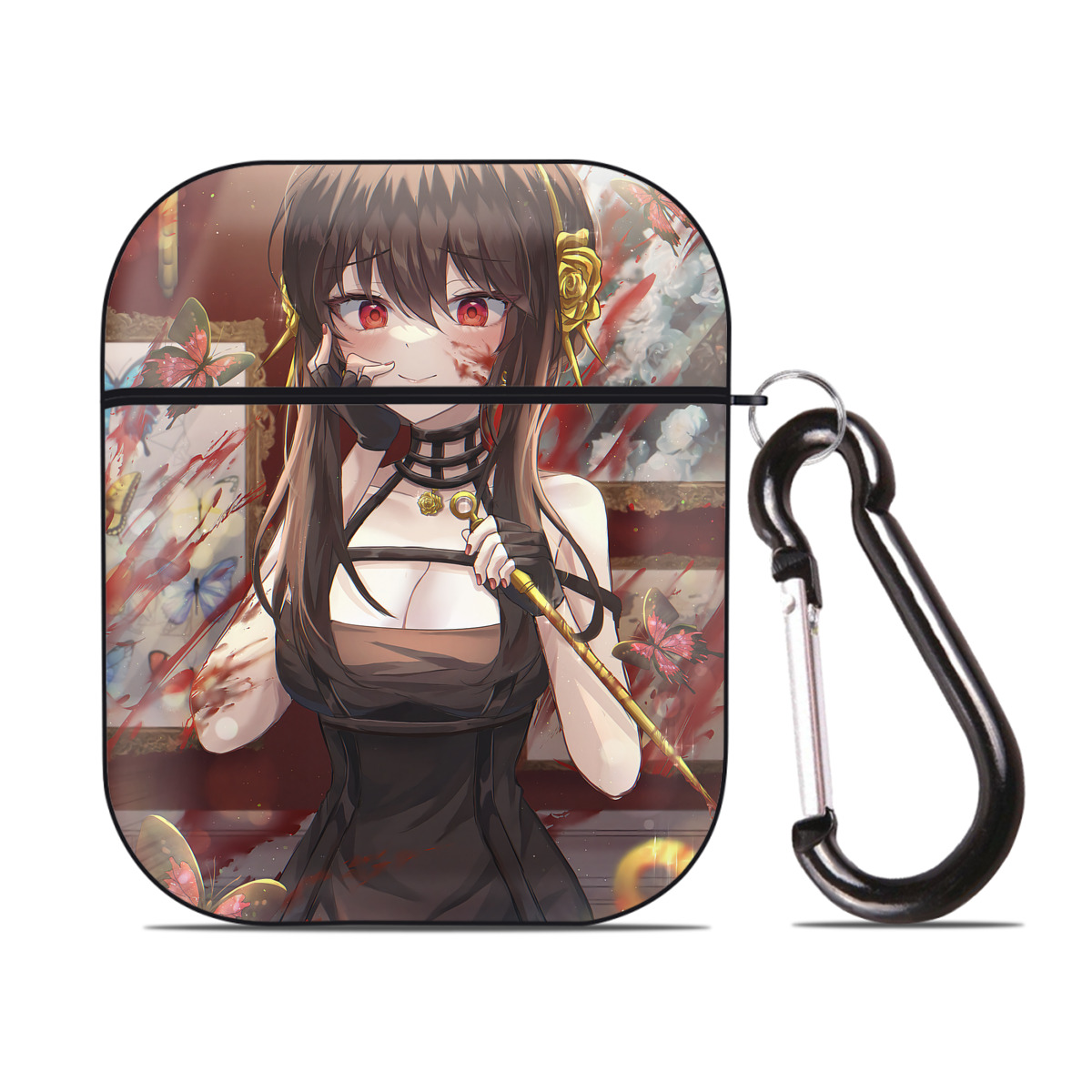 （画像用） SPY×FAMILY间谍家家酒 AirPods 第2世代保護ケース ハードシェル ブラック 耐衝撃・防指紋・カラビナ付き