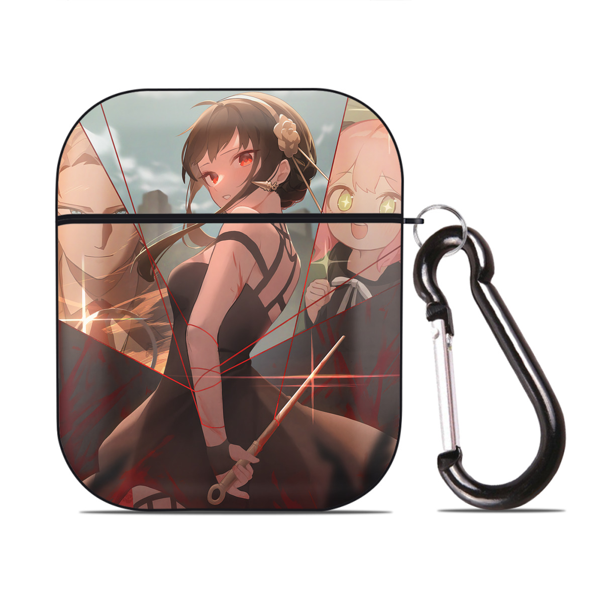 （画像用） SPY×FAMILY间谍家家酒 AirPods 第2世代保護ケース ハードシェル ブラック 耐衝撃・防指紋・カラビナ付き