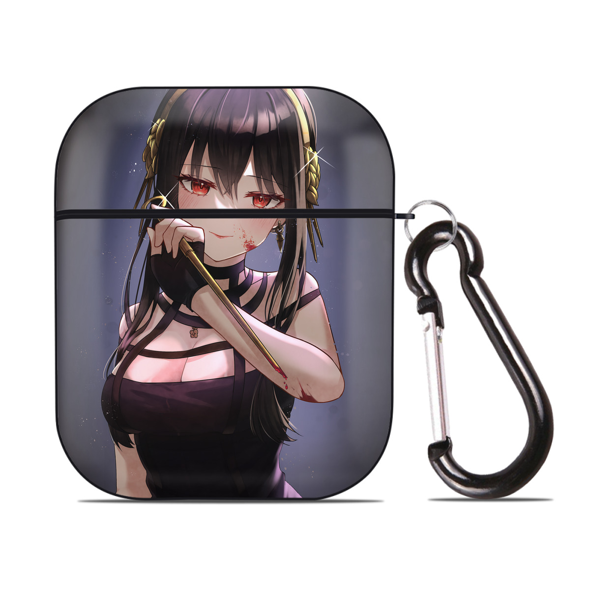 （画像用） SPY×FAMILY间谍家家酒 AirPods 第2世代保護ケース ハードシェル ブラック 耐衝撃・防指紋・カラビナ付き