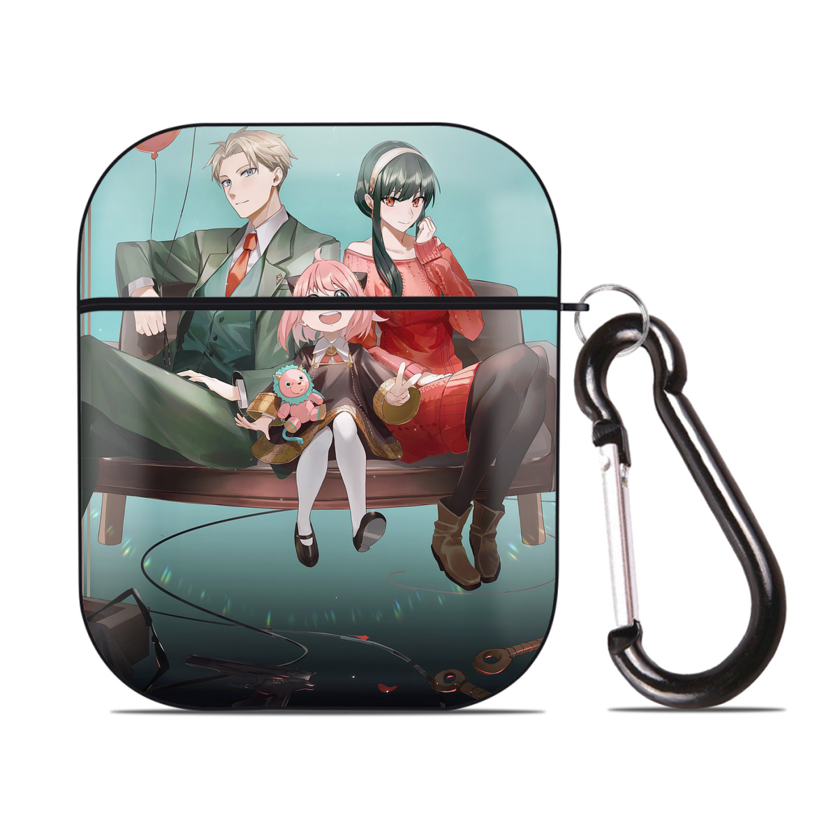（画像用） SPY×FAMILY间谍家家酒 AirPods 第2世代保護ケース ハードシェル ブラック 耐衝撃・防指紋・カラビナ付き