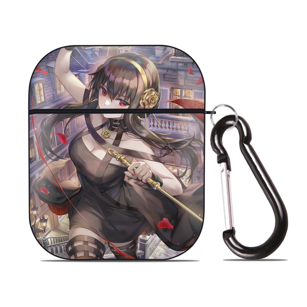 （画像用） SPY×FAMILY间谍家家酒 AirPods 第2世代保護ケース ハードシェル ブラック 耐衝撃・防指紋・カラビナ付き