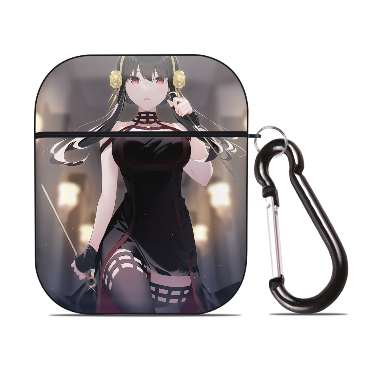 （画像用） SPY×FAMILY间谍家家酒 AirPods 第2世代保護ケース ハードシェル ブラック 耐衝撃・防指紋・カラビナ付き
