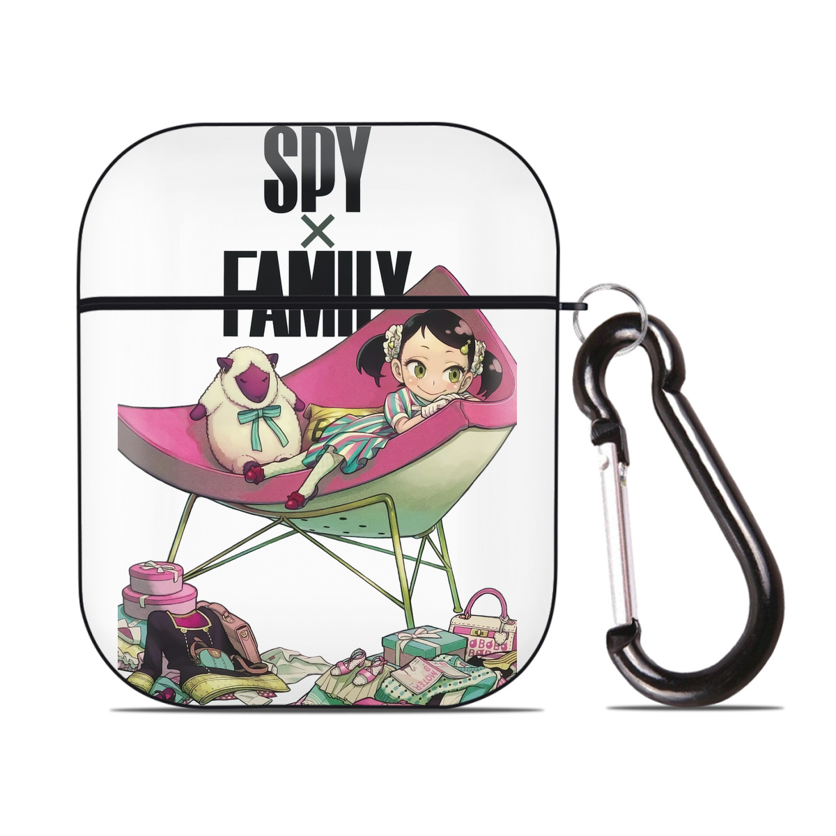 （画像用） SPY×FAMILY间谍家家酒 AirPods 第2世代保護ケース ハードシェル ブラック 耐衝撃・防指紋・カラビナ付き