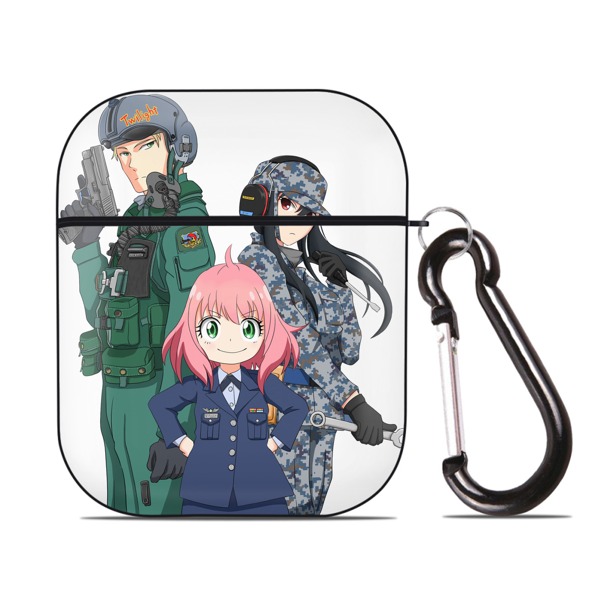 （画像用） SPY×FAMILY间谍家家酒 AirPods 第2世代保護ケース ハードシェル ブラック 耐衝撃・防指紋・カラビナ付き